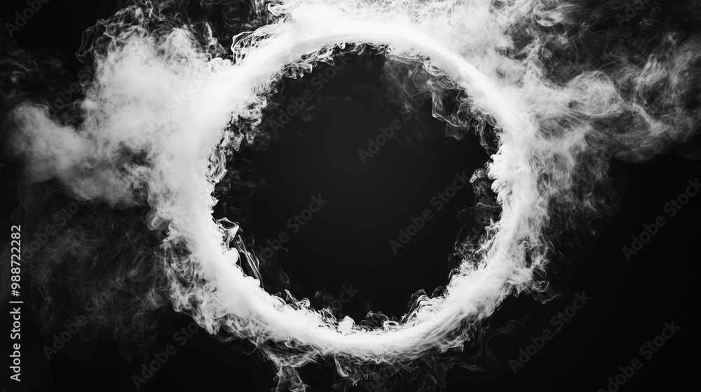 Fototapeta premium Białe, wirujące chmury dymu tworzą tajemniczą ramkę na czarnym tle.
