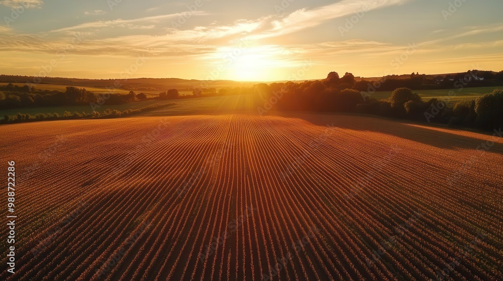 Fototapeta premium golden hour over a vast cornfield with warm sunlight illuminating the crops and casting long shadows dramatic sky with wispy clouds completes the rural landscape