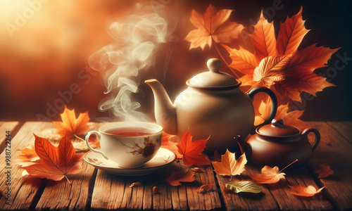 Tee Zeremonie im Herbst, helles Tee-Geschirr mit Herbstlaub und einer Tasse duftendem Tee, copy photo