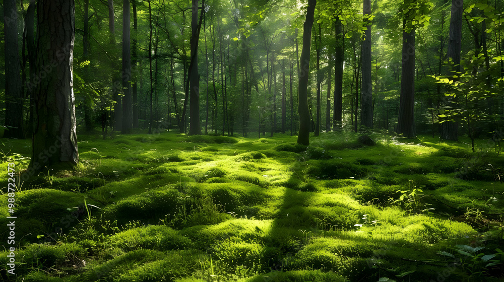Obraz premium Sunlight Dappled Through Lush Green Forest