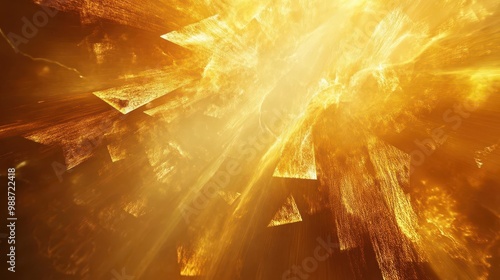 golden sunburst effect radiant light rays emanate from center intertwining with shimmering geometric shapes warm hues blend into ethereal dreamlike composition