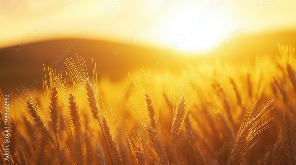 Fototapeta premium golden wheat field sunset closeup of ripe wheat ears backlit by a warm golden sunset rolling hills in soft focus background create a serene rural landscape