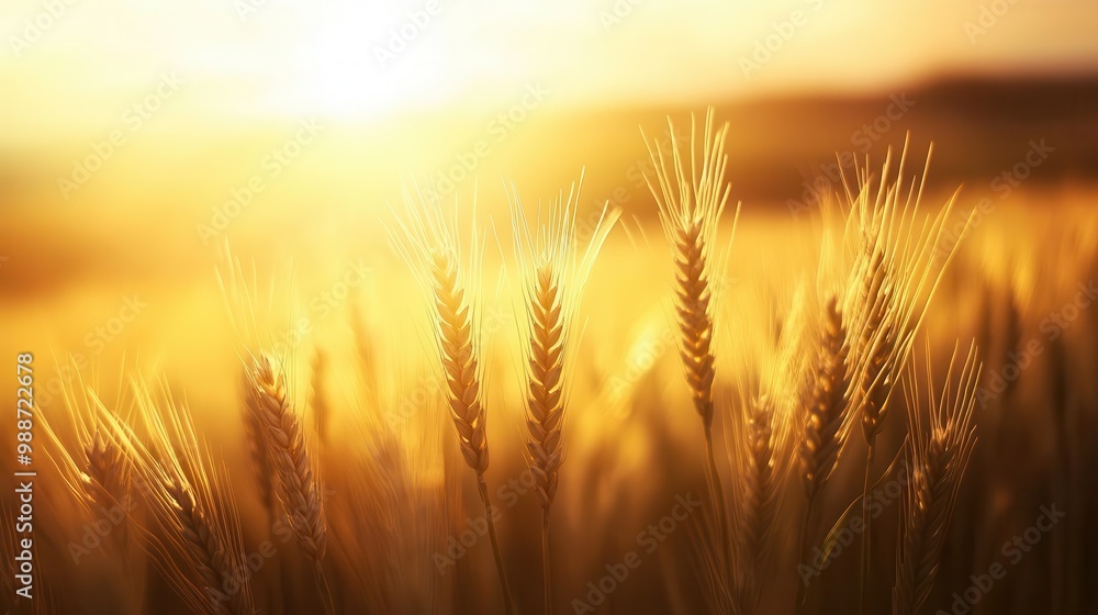 golden wheat field sunset closeup of ripe wheat ears backlit by a warm golden sunset rolling hills in soft focus background create a serene rural landscape golden wheat field sunset closeup of ripe wheat ears backlit by a warm golden sunset rolling hills in soft focus background create a serene rural landscape