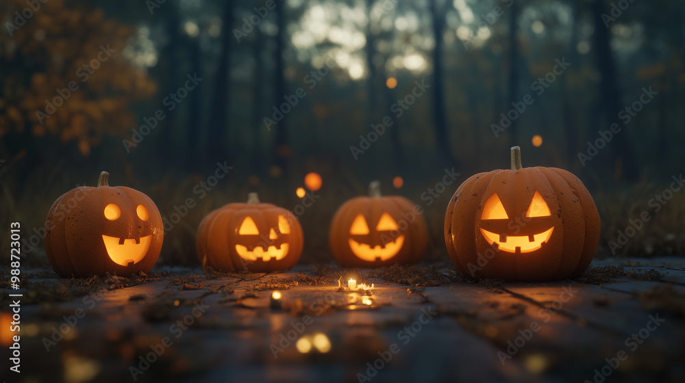 Carved pumpkins on ground, dark forest backdrop. Halloween night with spooky mood, lit by jack-o'-lanterns. Carved pumpkins on ground, dark forest backdrop. Halloween night with spooky mood, lit by jack-o'-lanterns.