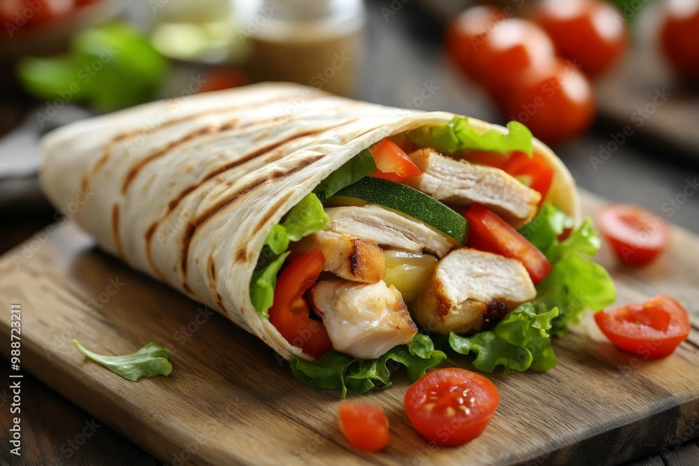 Delectable chicken wrap loaded with fresh veggies and cheese on a wooden board for healthy dining Delectable chicken wrap loaded with fresh veggies and cheese on a wooden board for healthy dining