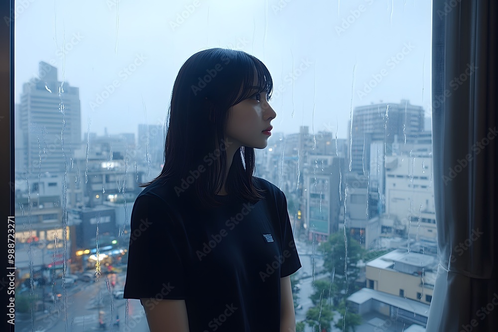 Woman Looking Out Rainy Window Cityscape View Woman Looking Out Rainy Window Cityscape View