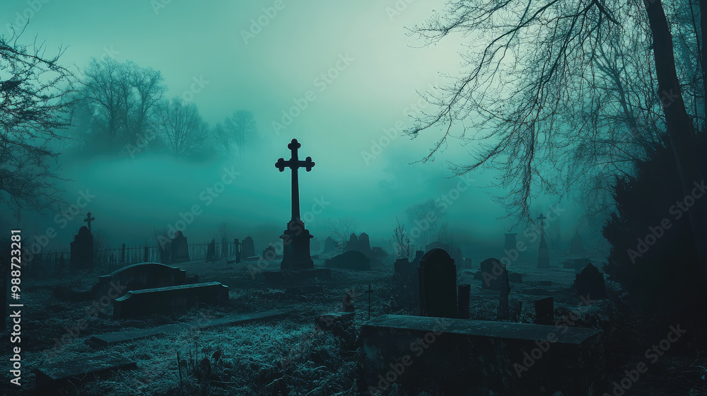 On a dark night, thick fog envelops an old, spooky cemetery, creating an eerie atmosphere as gravestones loom like shadowy figures in the mist. On a dark night, thick fog envelops an old, spooky cemetery, creating an eerie atmosphere as gravestones loom like shadowy figures in the mist.