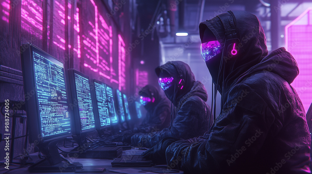 Fototapeta premium Cyberpunk Programmers in Futuristic Hoodies Typing on Monitors in Neon-Lit Room
