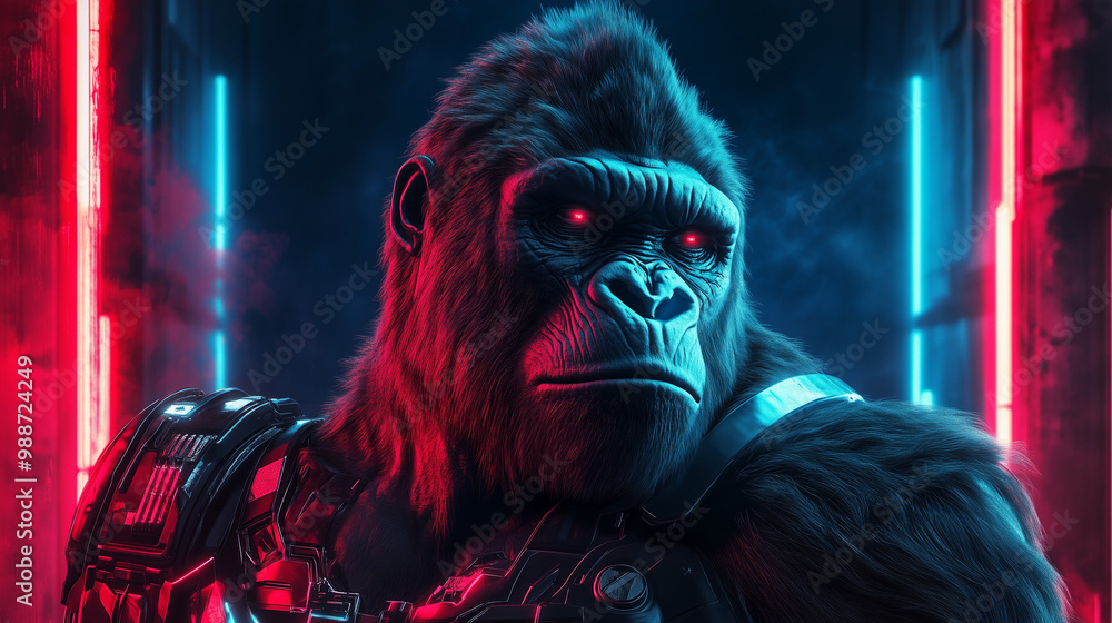 Obraz premium Cyberpunk Gorilla in Futuristic Armor Red and Blue Neon Lights