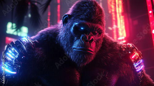 Wallpaper Mural Cyber Gorilla in Neon Armor Sci-Fi City Lights Torontodigital.ca