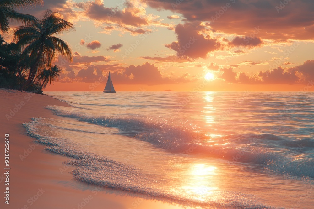 Sailboat on Calm Ocean at Sunset with Palm Trees on the Shore Sailboat on Calm Ocean at Sunset with Palm Trees on the Shore