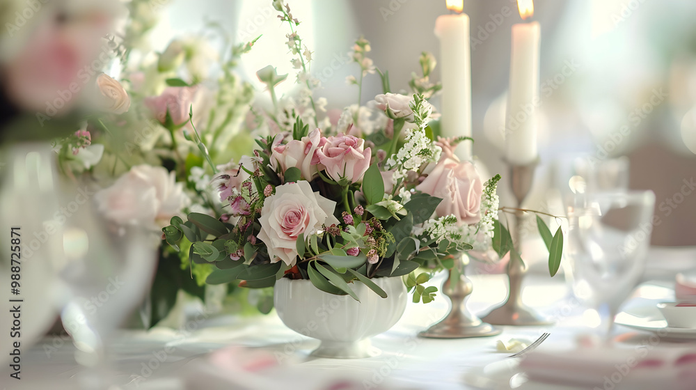 Elegant Wedding Table Centerpiece with Pink Roses and White Candles Elegant Wedding Table Centerpiece with Pink Roses and White Candles