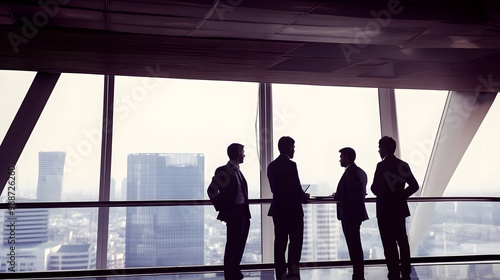 Silhouettes of four men in suits stand in a high-rise office with a cityscape view.