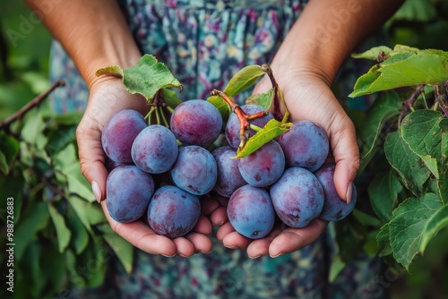 Close up of female farmer s hands holding fresh ripe plums in orchard during autumn harvest season photo