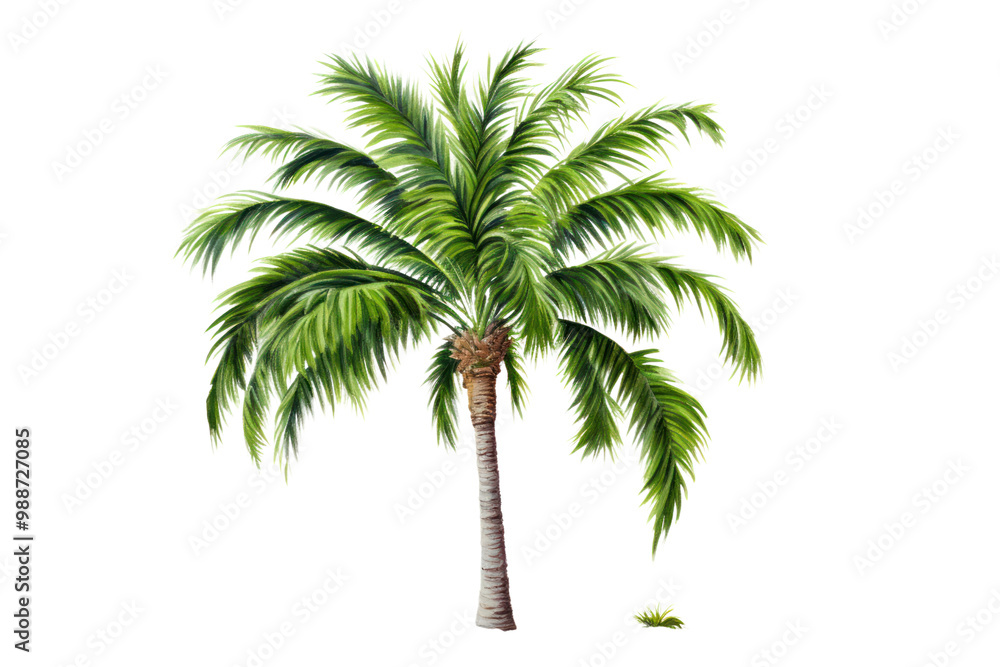 Obraz premium A single palm tree standing tall with a smooth brown trunk and radiating green leaves, perfectly centered on a plain white background