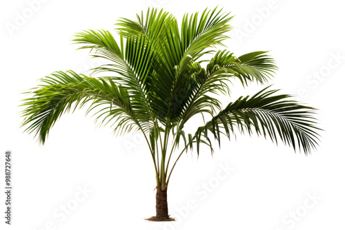 A tropical palm tree with a slender trunk and spread-out leaves, isolated and sharply contrasted on a white background