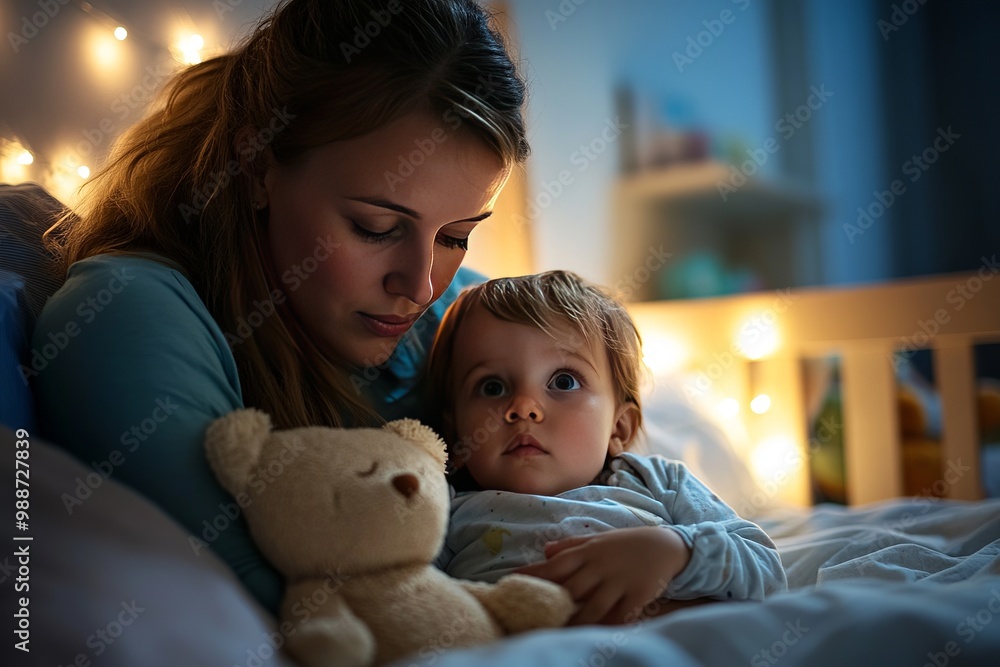 Mother putting to bed her young toddler kid. Mother putting to bed her young toddler kid.