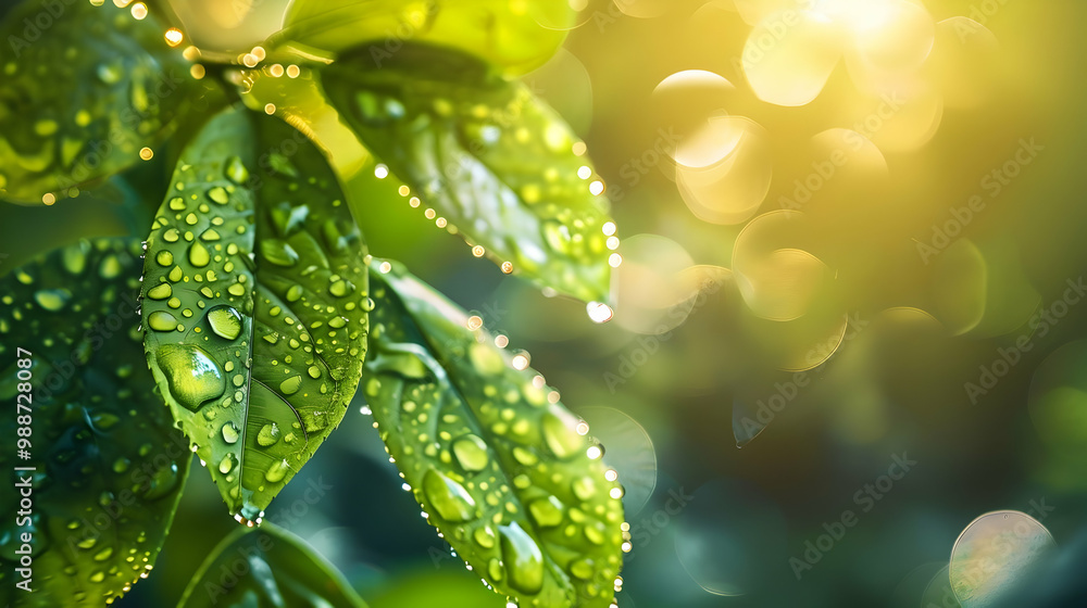 Close Up of Dew Drops on Green Leaves in Sunlight Close Up of Dew Drops on Green Leaves in Sunlight