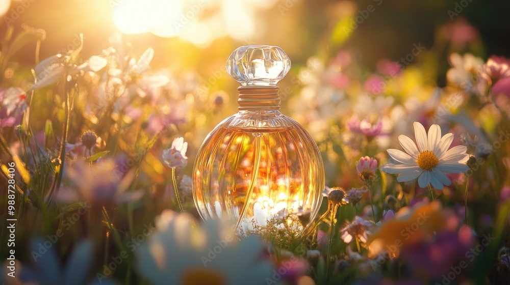 A glass perfume bottle reflecting sunlight against a vibrant summer landscape of blooming flowers, evoking warm floral scents A glass perfume bottle reflecting sunlight against a vibrant summer landscape of blooming flowers, evoking warm floral scents