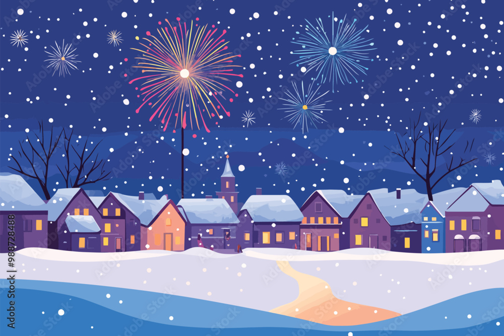 Naklejka premium City covered in snow and foireworks