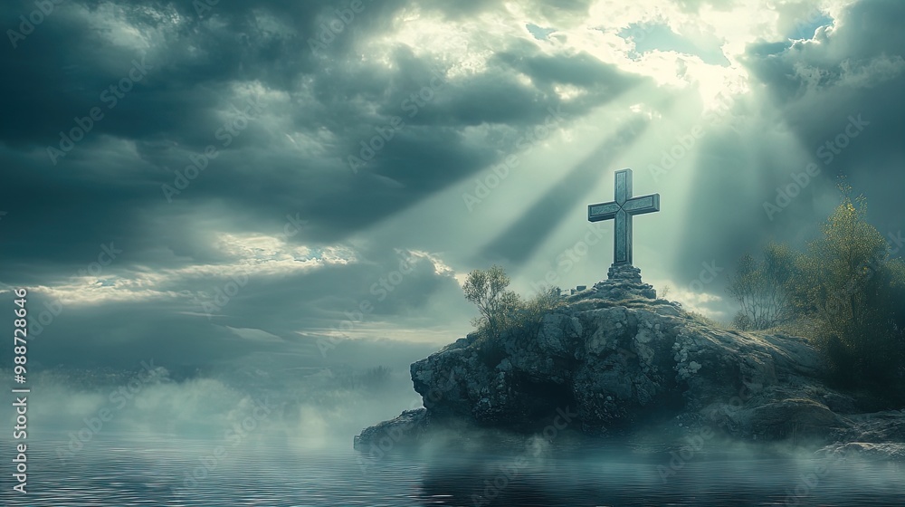 Fototapeta premium Serene Stone Cross in Foggy Landscape - Perfect for Sporty Interiors as a Poster, Capturing Heavenly Light and Tranquil Waters