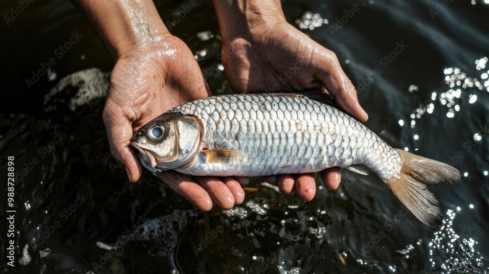 Hands holding a dead fish above polluted waters, symbolizing the devastating impact of pollution on marine life, no blur, photo not dark, everything is clear, copy space Hands holding a dead fish above polluted waters, symbolizing the devastating impact of pollution on marine life, no blur, photo not dark, everything is clear, copy space