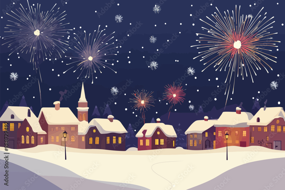 Naklejka premium City covered in snow and foireworks