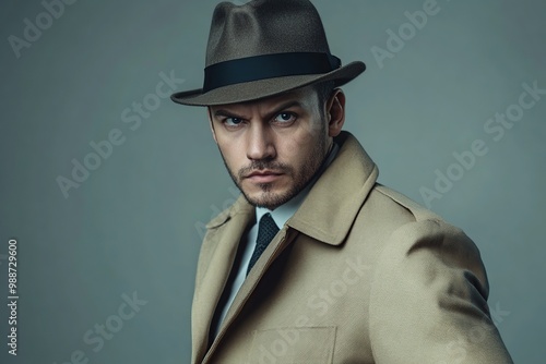 Male detective wearing costume on dark background