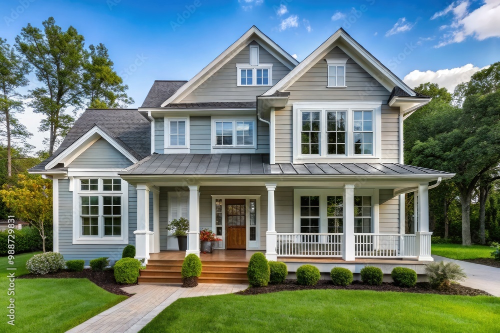 A modern white house exterior features gray accents, large windows, and a spacious front porch, nestled in a charming suburban neighborhood. A modern white house exterior features gray accents, large windows, and a spacious front porch, nestled in a charming suburban neighborhood.