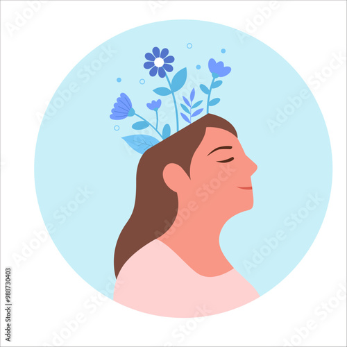 Mental health, happiness, harmony creative abstract concept. Love yourself, Happy female heads with flowers inside. Mindfulness, positive thinking, self care idea. Set of flat vector