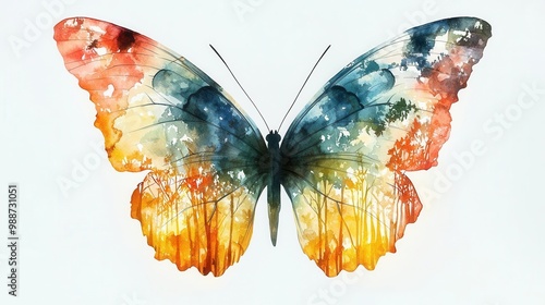 Watercolor painting of a butterfly with spread wings over a peaceful forest view, simple design, top view. photo