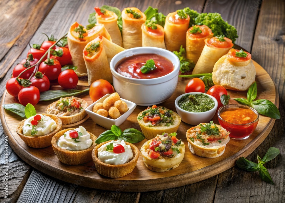 A platter of assorted appetizers offers a variety of flavors and textures, featuring bruschetta, crispy spring rolls, succulent shrimp cocktail, and fresh dips paired with colorful vegetables. A platter of assorted appetizers offers a variety of flavors and textures, featuring bruschetta, crispy spring rolls, succulent shrimp cocktail, and fresh dips paired with colorful vegetables.