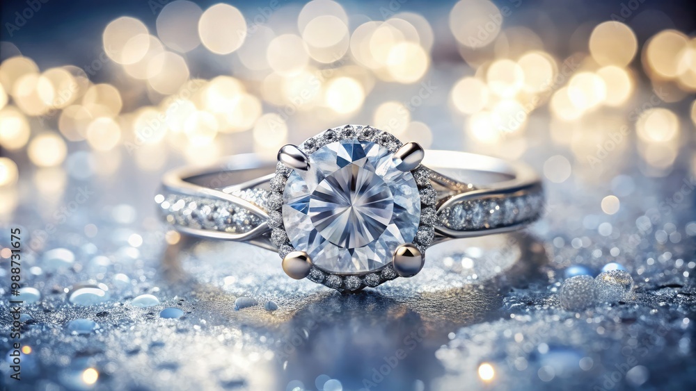 Fototapeta premium A radiant diamond is set within an ornate platinum band, its brilliance enhanced by a subtle focus blur effect radiating a soft, ethereal glow.