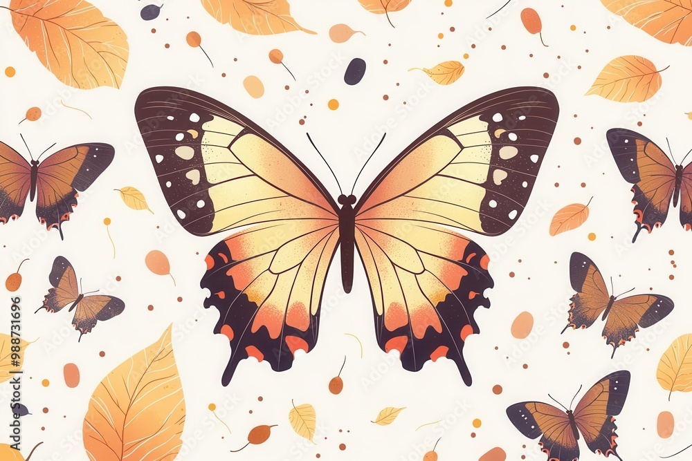 Rhythmic movement of butterflies in a calming pattern, flat design, front view, autumn evening theme, animation, colored pastel Rhythmic movement of butterflies in a calming pattern, flat design, front view, autumn evening theme, animation, colored pastel