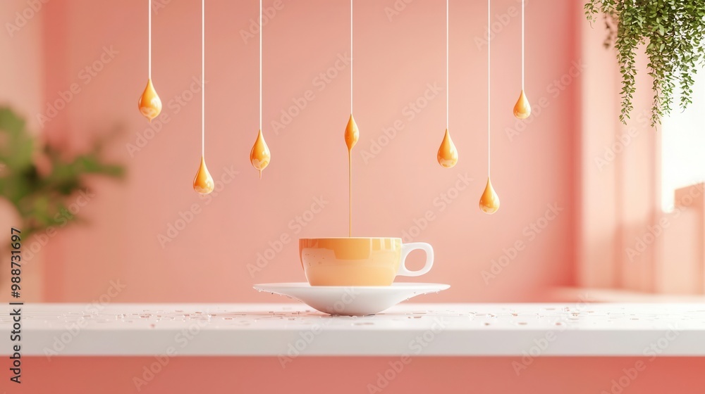 Coffee atmosphere, unique designs, pastel tones, rainy day theme, 3D render Coffee atmosphere, unique designs, pastel tones, rainy day theme, 3D render
