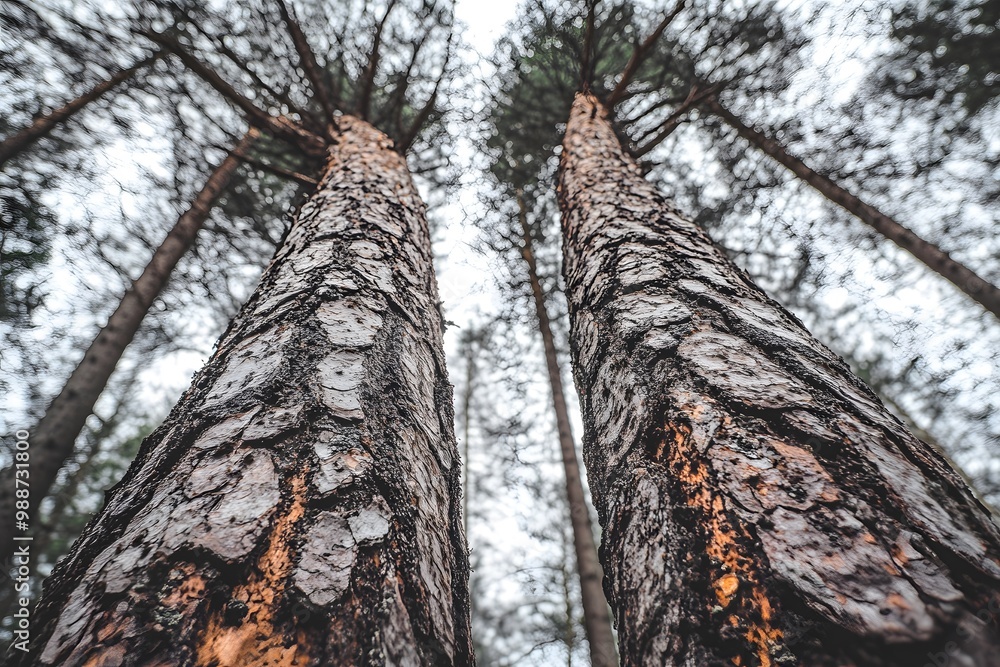 Upward View Of Two Tall Pine Tree Trunks In Forest Upward View Of Two Tall Pine Tree Trunks In Forest