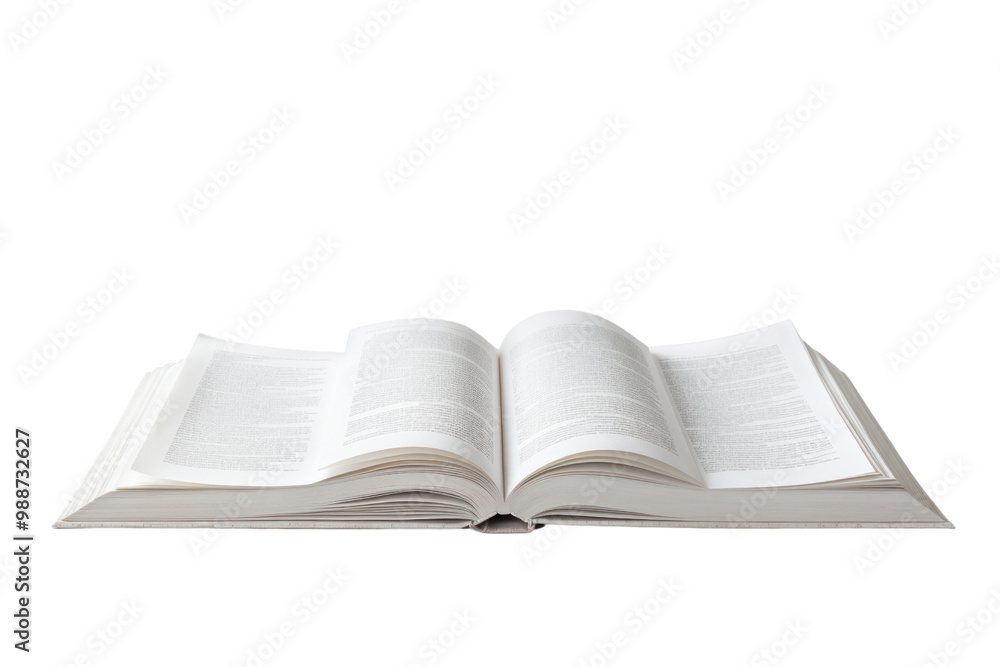 An open book with a colorful illustrated cover and visible text, laid out on a stark white surface Isolated on white background An open book with a colorful illustrated cover and visible text, laid out on a stark white surface Isolated on white background