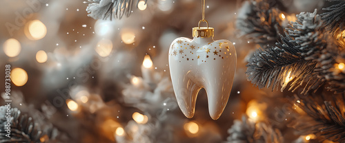 Festive 3D tooth toy with golden stars hang on  Christmas tree. Holiday dental decor with lights and frosted pine branches. For seasonal promotions and Christmas campaigns