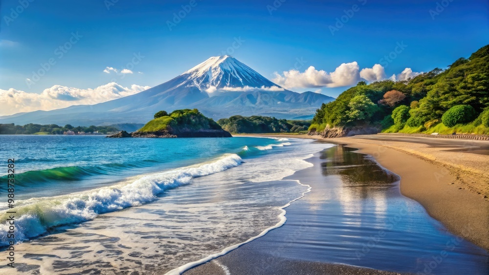 Naklejka premium A serene Japanese beach boasts soft white sands, crystal-clear waters, and the majestic silhouette of Mount Fuji rising in the distant horizon.