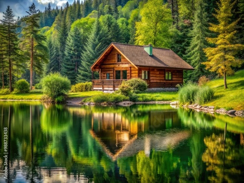 A serene log cabin settles among the calm waters of a lake, adorned by vibrant greenery and a sense of peaceful solitude.