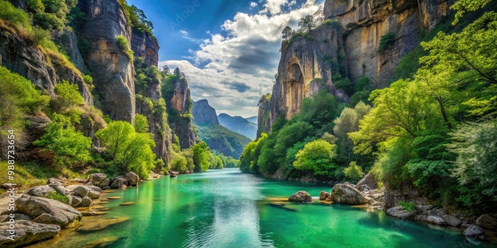 Fototapeta premium A serene river winds its way through a breathtaking canyon, surrounded by emerald greenery and impressive rock formations that touch the sky.