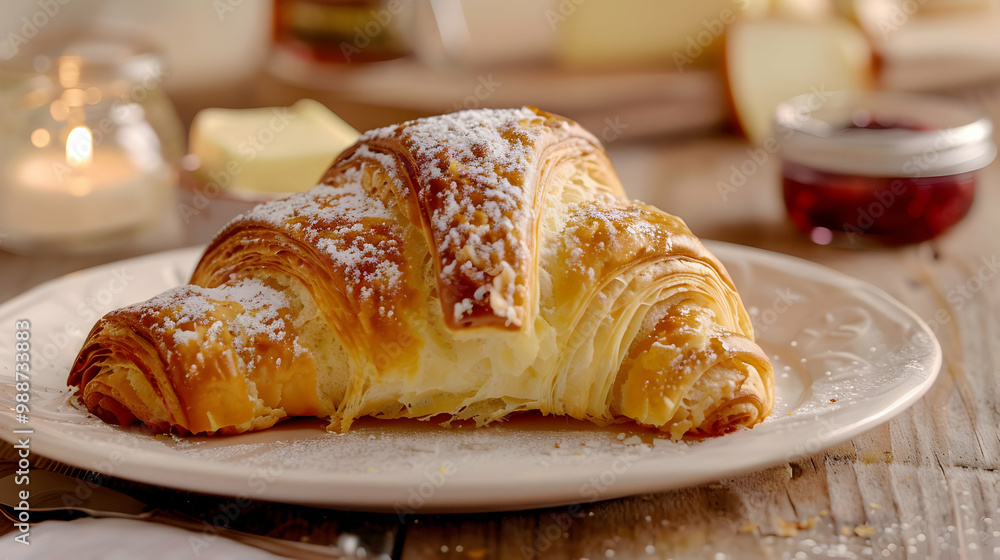 Golden Croissant with Powdered Sugar on a Plate Golden Croissant with Powdered Sugar on a Plate
