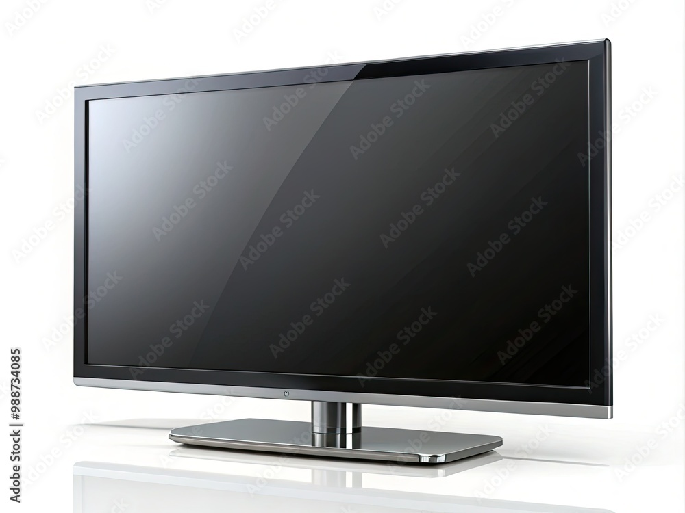 A sleek black flat-screen television dominates the scene, darkness illuminated only by the subtle glow of its electronic components, poised on a sleek white stand. A sleek black flat-screen television dominates the scene, darkness illuminated only by the subtle glow of its electronic components, poised on a sleek white stand.