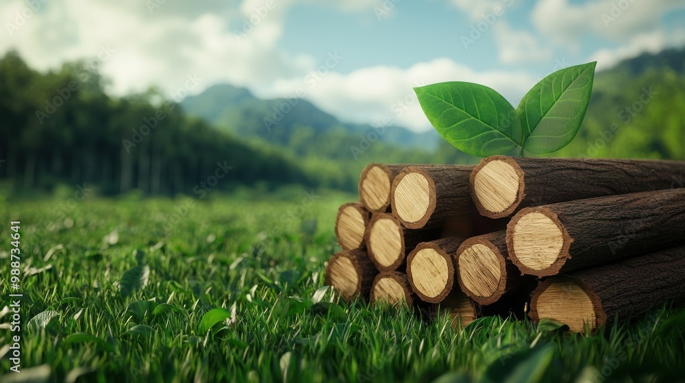 Deforestation Symbolized by Stacked Logs and Green Leaves Pile of cut ...