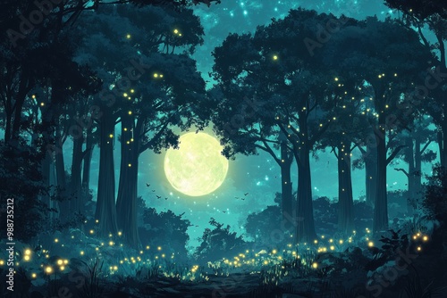 A Mystical Forest Path Illuminated by Fireflies Under a Full Moon photo