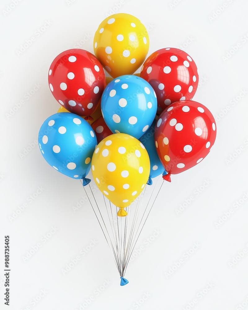A cluster of colorful balloons in red, blue, and yellow, decorated with white polka dots. A cluster of colorful balloons in red, blue, and yellow, decorated with white polka dots.