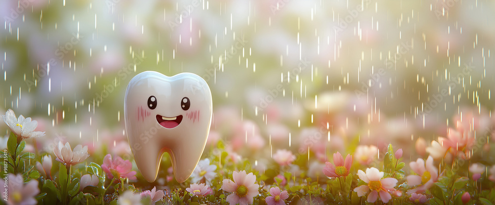 Obraz premium Adorable 3D tooth hold pink umbrella in field of flowers during rainy day. Cute and cheerful dental character. For spring or rainy weather promotions with healthcare themes