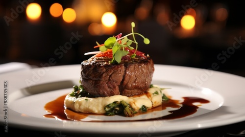 Close-up of a perfectly grilled steak garnished with herbs, served with roasted vegetables, creating a gourmet, mouth-watering presentation