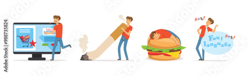 Bad Habits with Man Character Have Some Addictions Problem Vector Set