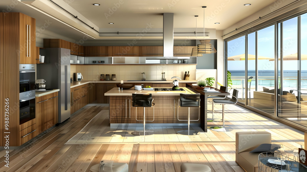 Fototapeta premium Modern Kitchen with Ocean View: Contemporary Design and Luxury Features
